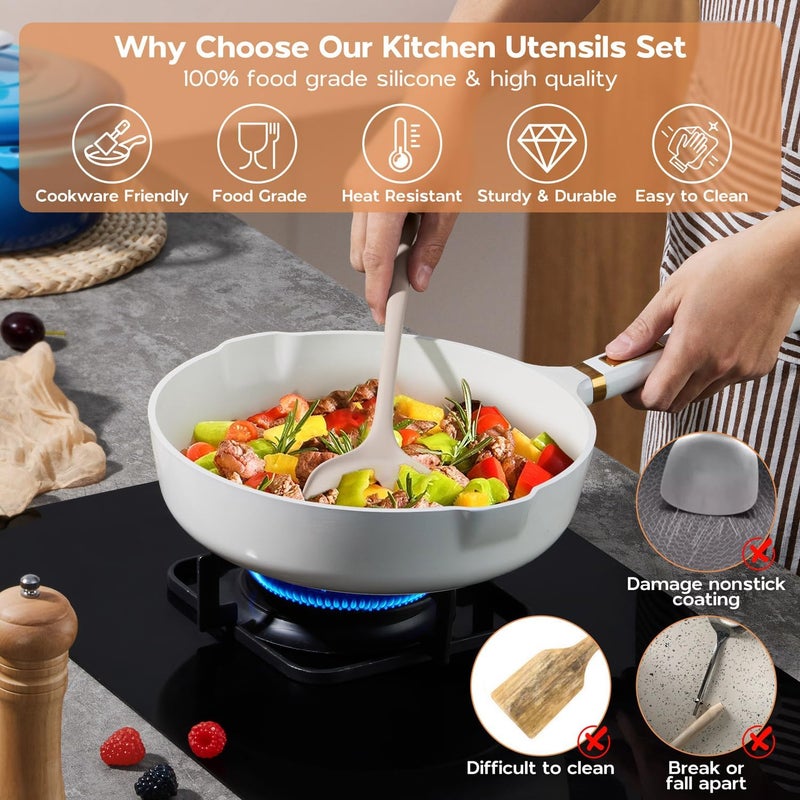 Onader Kitchen Utensils Set, Silicone Non Toxic Cooking Utensils, 6 Pcs Heat Resistant Kitchen Gadgets Set for Nonstick Cookware - Khaki - Image 2
